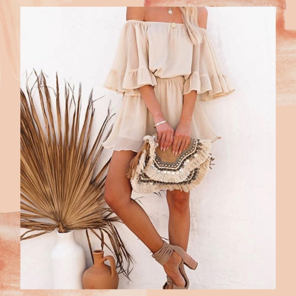 Kathryn Off Shoulder Bell Sleeve Romper Nude Pink - Picture 3 of 3